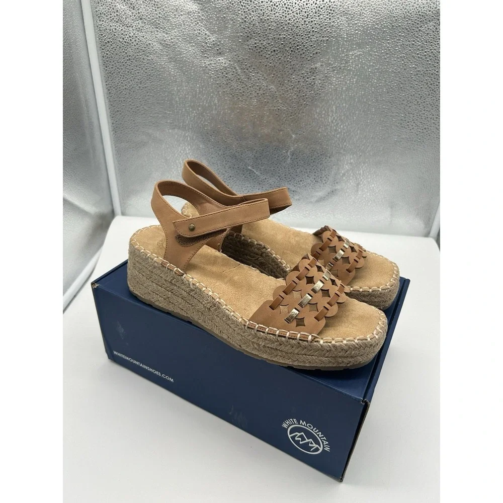 New White Mountain‎ Stride Espadrille Wedge Heel Ankle Strap Sandals Tan Size 9M